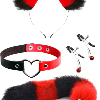 Choker Klips Tüylü Kulak Seti Kırmızı Siyah Kedi Kuyruklu Paslanmaz Çelik Anal Butt Plug