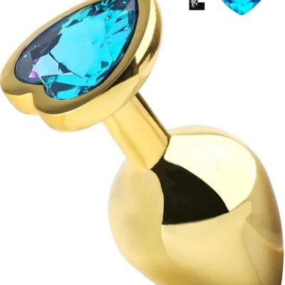 Paslanmaz Çelik Gold Mavi Renkli  Kalp Taşlı Anal Plug – Büyük Boy