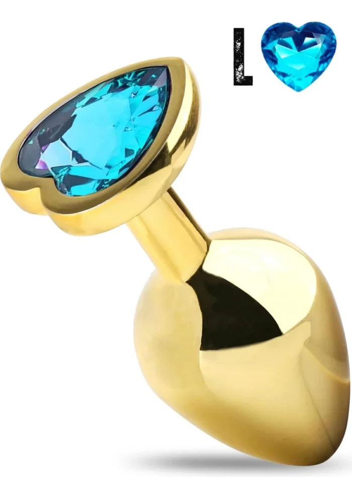 Paslanmaz Çelik Gold Mavi Renkli  Kalp Taşlı Anal Plug – Büyük Boy