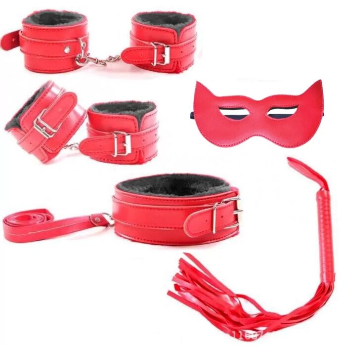 Hakiki Deri Görünümlü 5 Parça BDSM Set – Kırmızı | Fetish Beginner Set