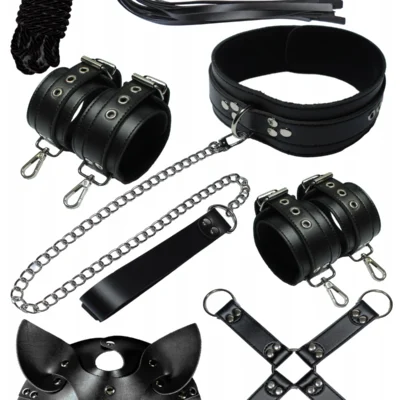 Exotikiss 7’li Fantazi Kelepçe ve Aksesuar Seti – Siyah BDSM Oyun Seti