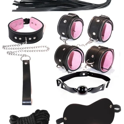 Exotikiss 7’li Fantazi Kelepçe ve Kırbaç Seti – Siyah & Pembe BDSM Aksesuar Seti