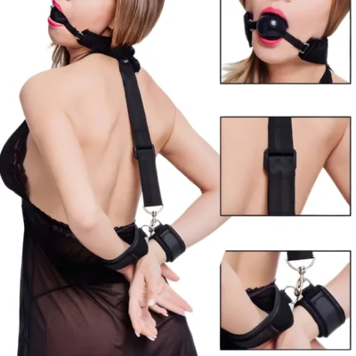 Exotikiss Fantazi Ağız Topu ve Kelepçeli Harness Set – BDSM Bağlama ve Kontrol Aksesuarı