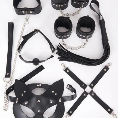 Exotikiss Fantazi Kelepçe Seti 7 Parça – BDSM Fetiş Aksesuar Seti, Siyah Kedi Maskeli