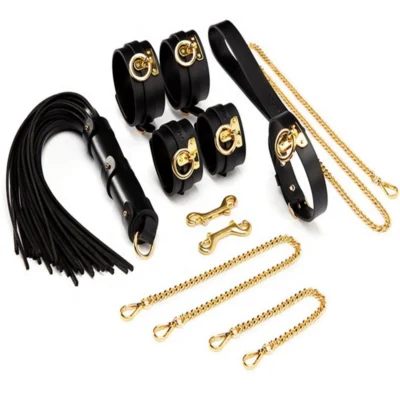 ExotiKiss Fantazi Kelepçe ve Zincir Seti – Siyah Gold Detaylı BDSM Oyun Aksesuarları